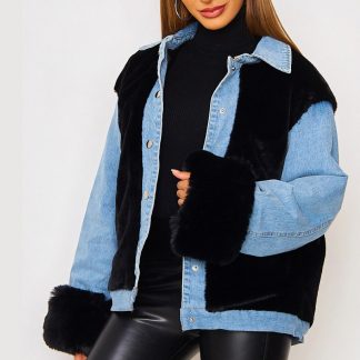 Lady＇s Denim Jacket Casual Plush Denim Stitching Warm Coat Fall/Winter Jacket